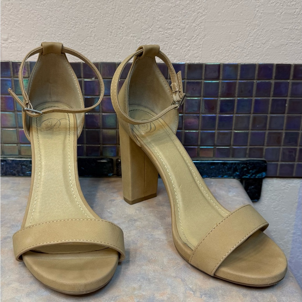 Ankle Strap Block Heel Sandals in Beige
